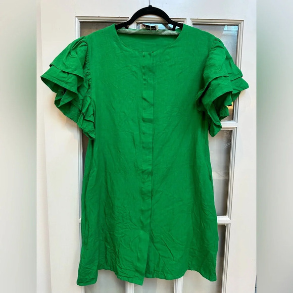 Fanm Mon 100% Linen Weave Snap Placket Short Flutter Sleeves Dress Size Medium M - Picture 2 of 12